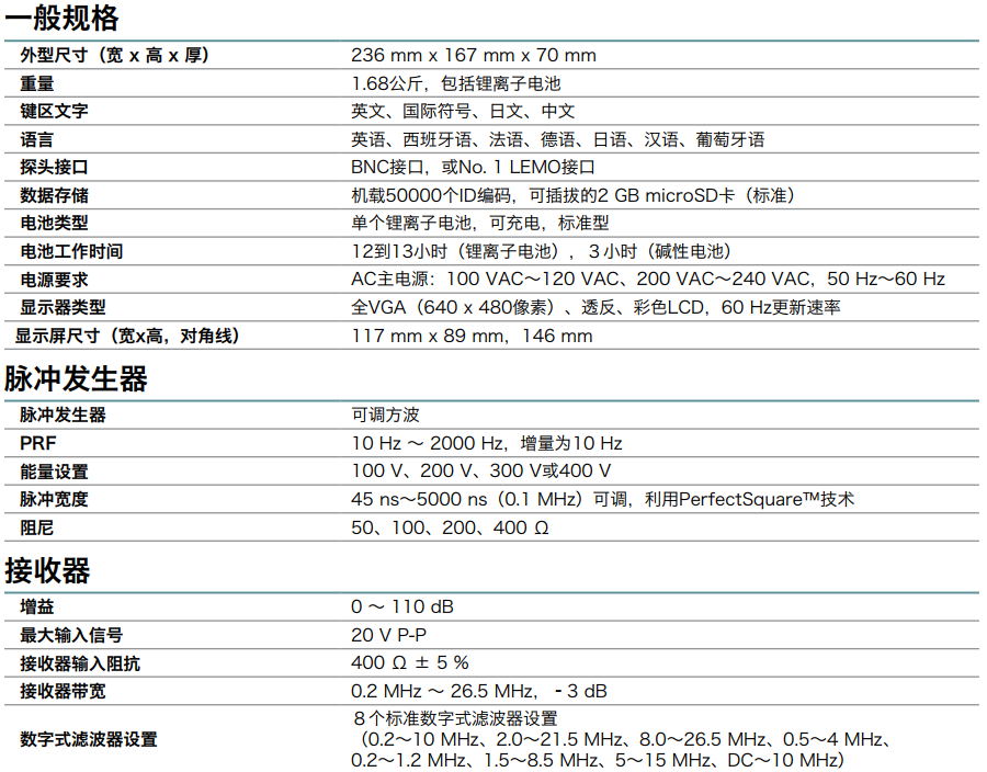 EPOCH 600型數(shù)字式超聲探傷儀技術(shù)規(guī)格
