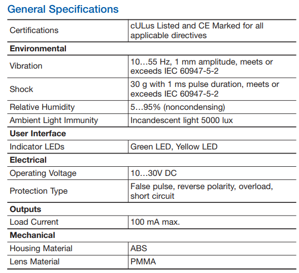 Bulletin 42JS VisiSight 微型光電傳感器技術(shù)參數(shù)